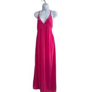 Lush Hot Pink Lasercut Strappy Crisscross‎ Back Overlay Maxi Dress LargeNWOT